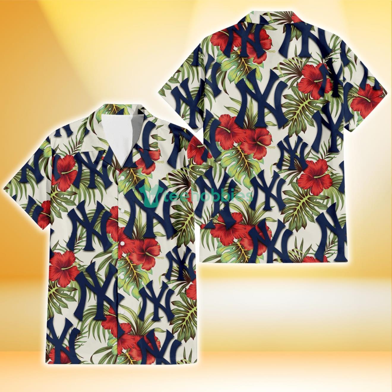 New York Yankees Red Hibiscus Green Tropical Leaf Cream Background 3D Hawaiian Shirt Gift For Fans Product Photo 1