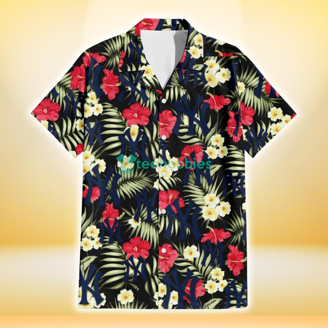New York Yankees Red Hibiscus Yellow Porcelain Flower Black Background 3D Hawaiian Shirt Gift For Fans Product Photo 2