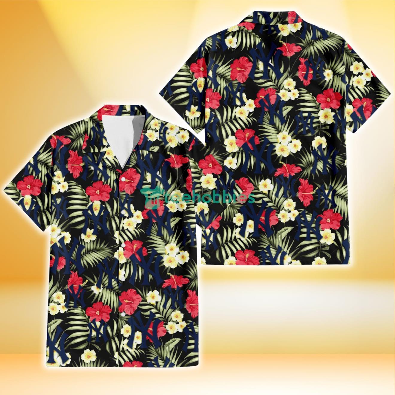 New York Yankees Red Hibiscus Yellow Porcelain Flower Black Background 3D Hawaiian Shirt Gift For Fans Product Photo 1