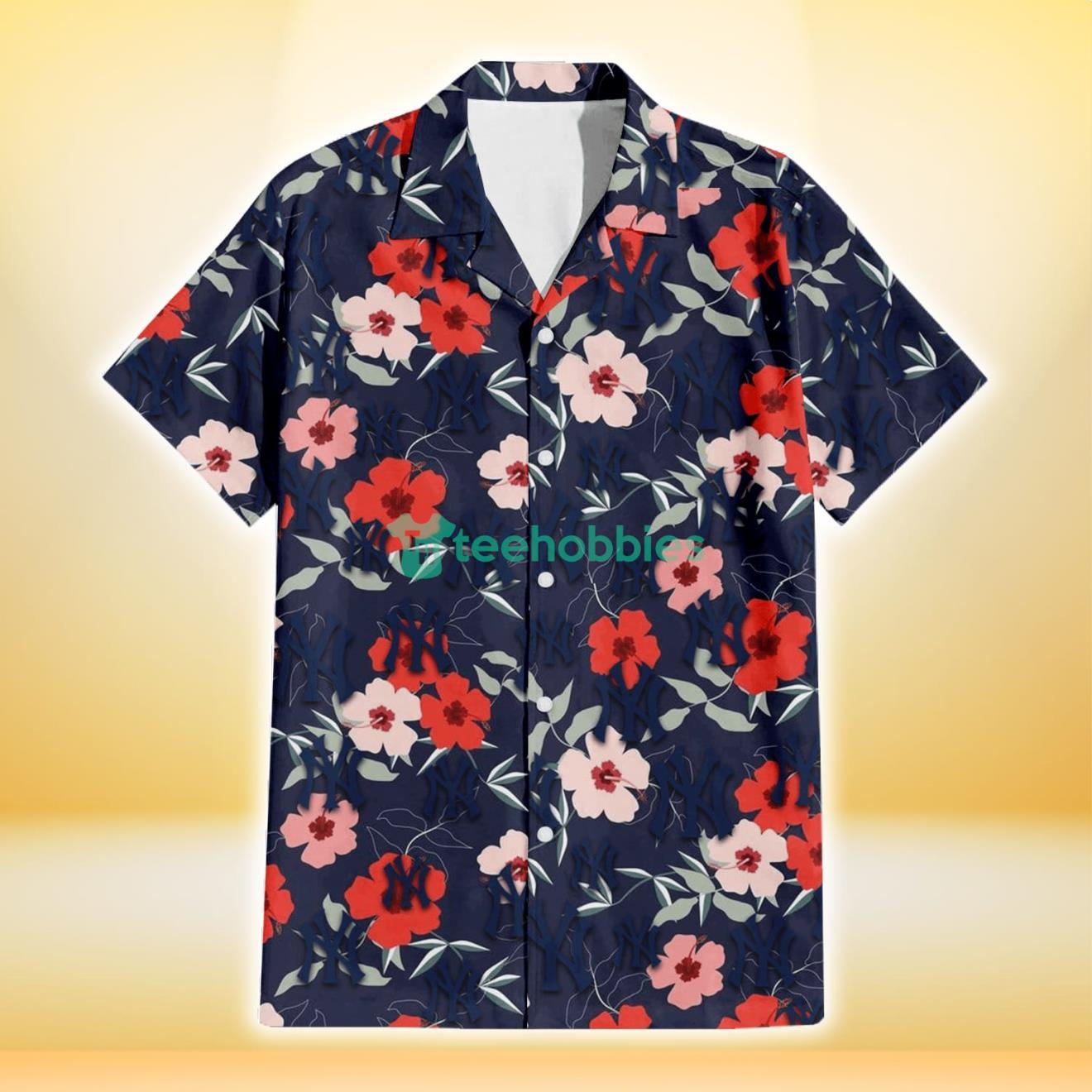 New York Yankees Red Pink White Hibiscus Black Background 3D Hawaiian Shirt Gift For Fans Product Photo 2