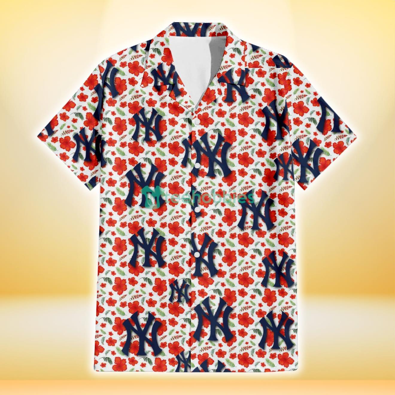 New York Yankees Tiny Red Hibiscus Green Leaf White Cube Background 3D Hawaiian Shirt Gift For Fans Product Photo 2