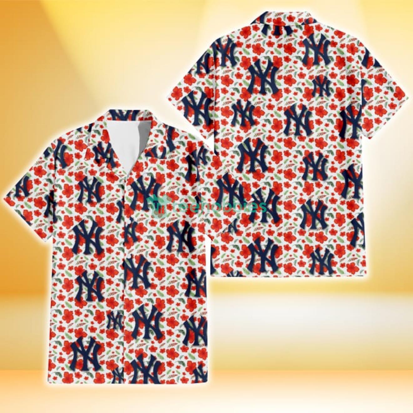New York Yankees Tiny Red Hibiscus Green Leaf White Cube Background 3D Hawaiian Shirt Gift For Fans Product Photo 1