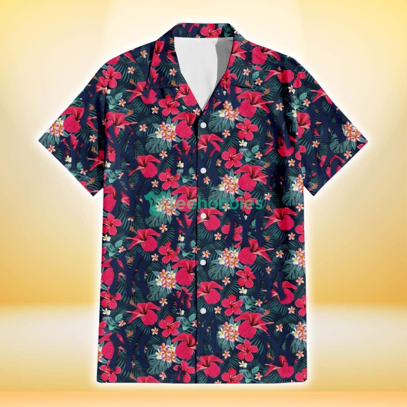 New York Yankees Tiny Red Hibiscus White Porcelain Flower Black Background 3D Hawaiian Shirt Gift For Fans Product Photo 2