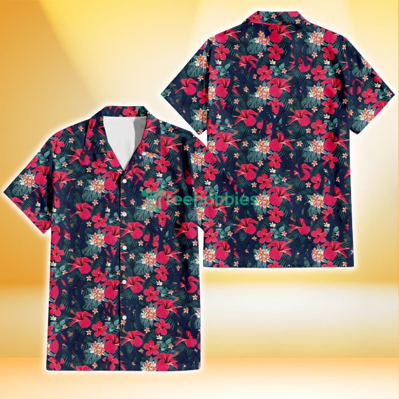 New York Yankees Tiny Red Hibiscus White Porcelain Flower Black Background 3D Hawaiian Shirt Gift For Fans Product Photo 1