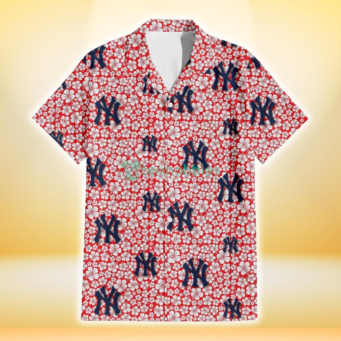 New York Yankees Tiny White Hibiscus Pattern Red Background 3D Hawaiian Shirt Gift For Fans Product Photo 2