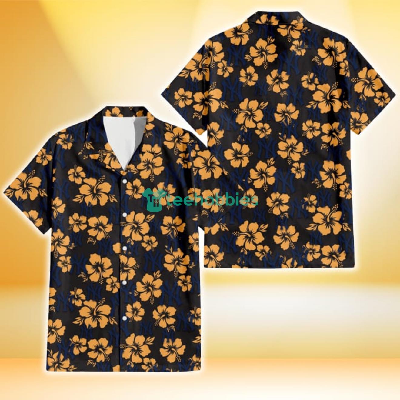 New York Yankees Tiny Yellow Hibiscus Black Background 3D Hawaiian Shirt Gift For Fans Product Photo 1