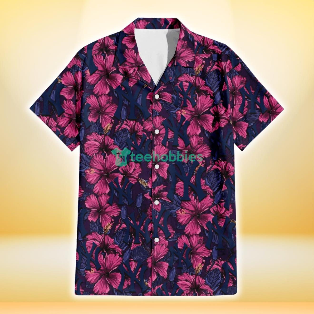 New York Yankees Violet Red Blue Leaf Black Background 3D Hawaiian Shirt Gift For Fans Product Photo 2