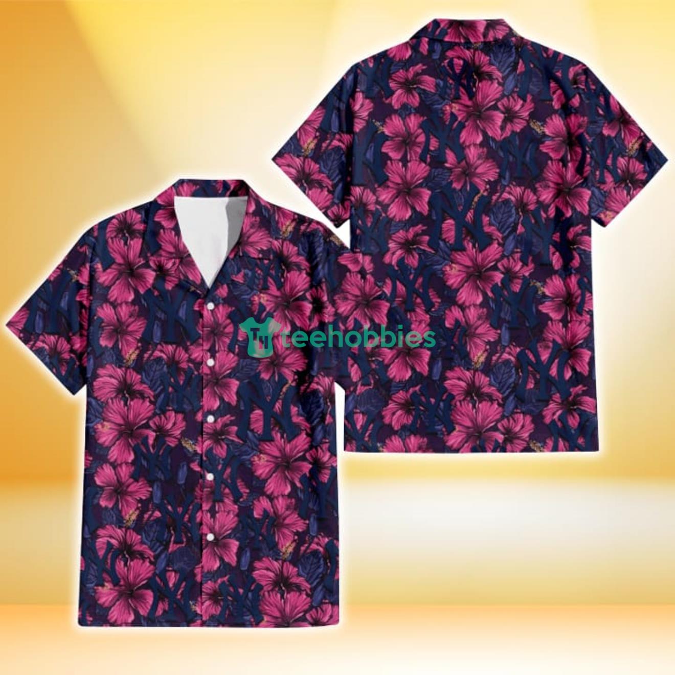 New York Yankees Violet Red Blue Leaf Black Background 3D Hawaiian Shirt Gift For Fans Product Photo 1