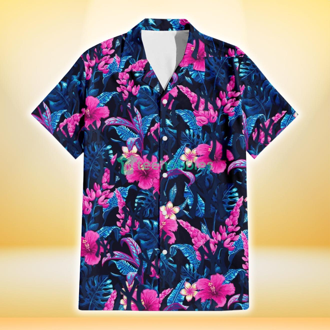 New York Yankees Violet Red Hibiscus Blue Leaf Black Background 3D Hawaiian Shirt Gift For Fans Product Photo 2