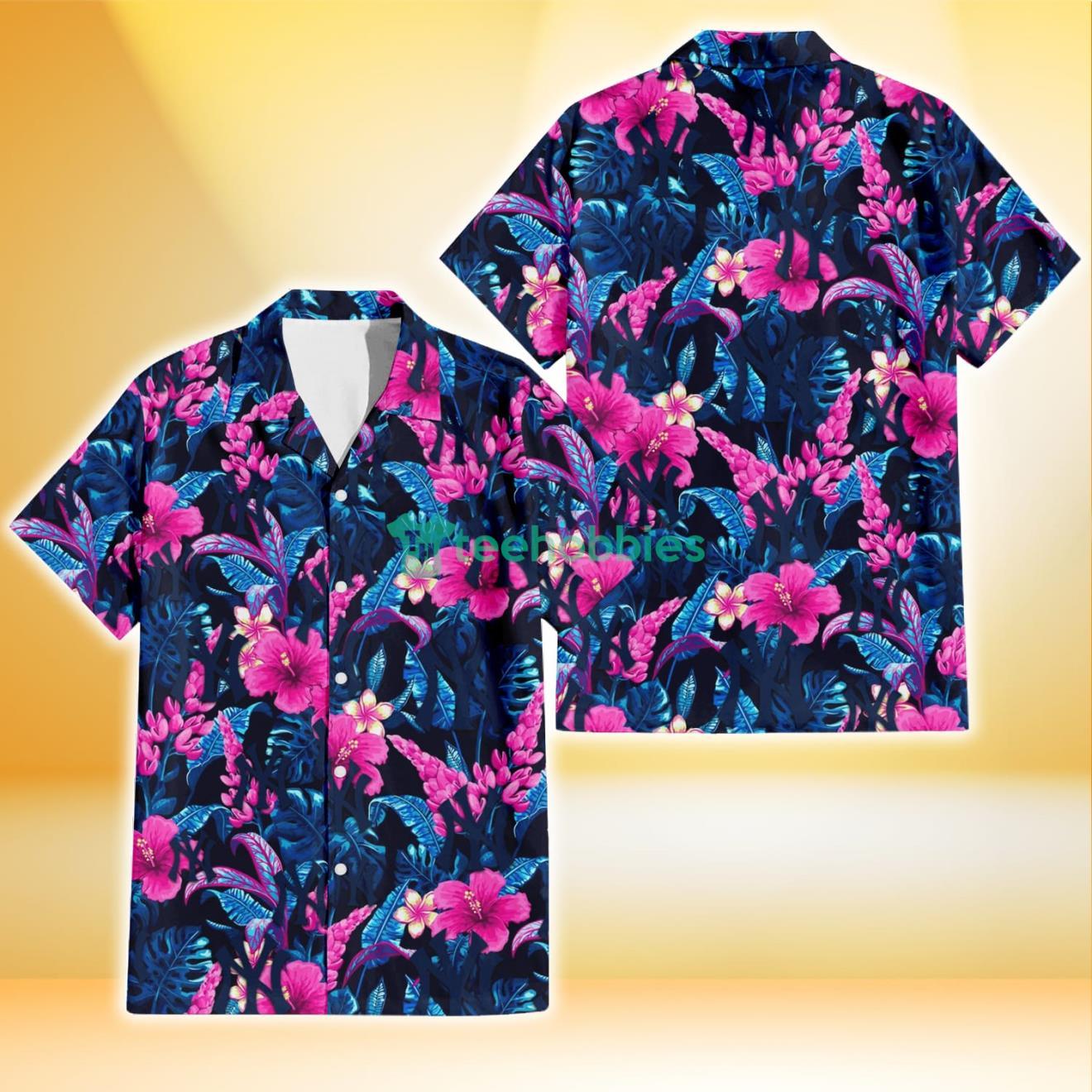 New York Yankees Violet Red Hibiscus Blue Leaf Black Background 3D Hawaiian Shirt Gift For Fans Product Photo 1