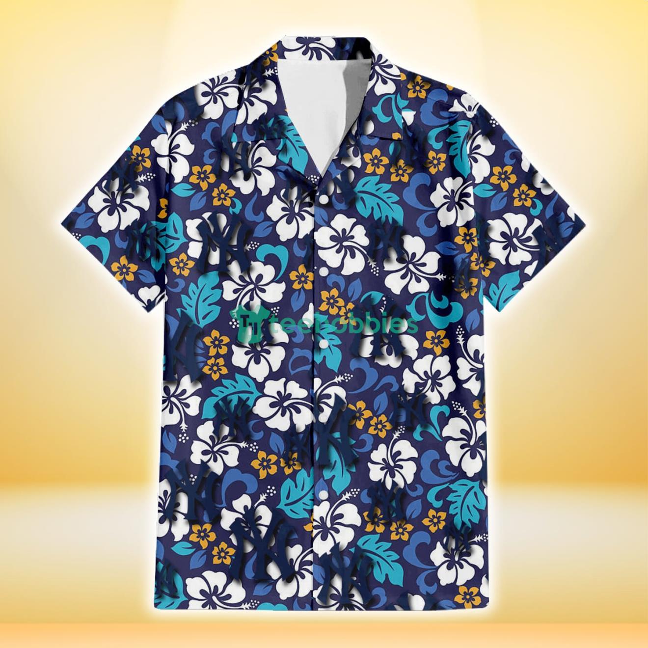 New York Yankees White Hibiscus Ceramic Style Navy Background 3D Hawaiian Shirt Gift For Fans Product Photo 2