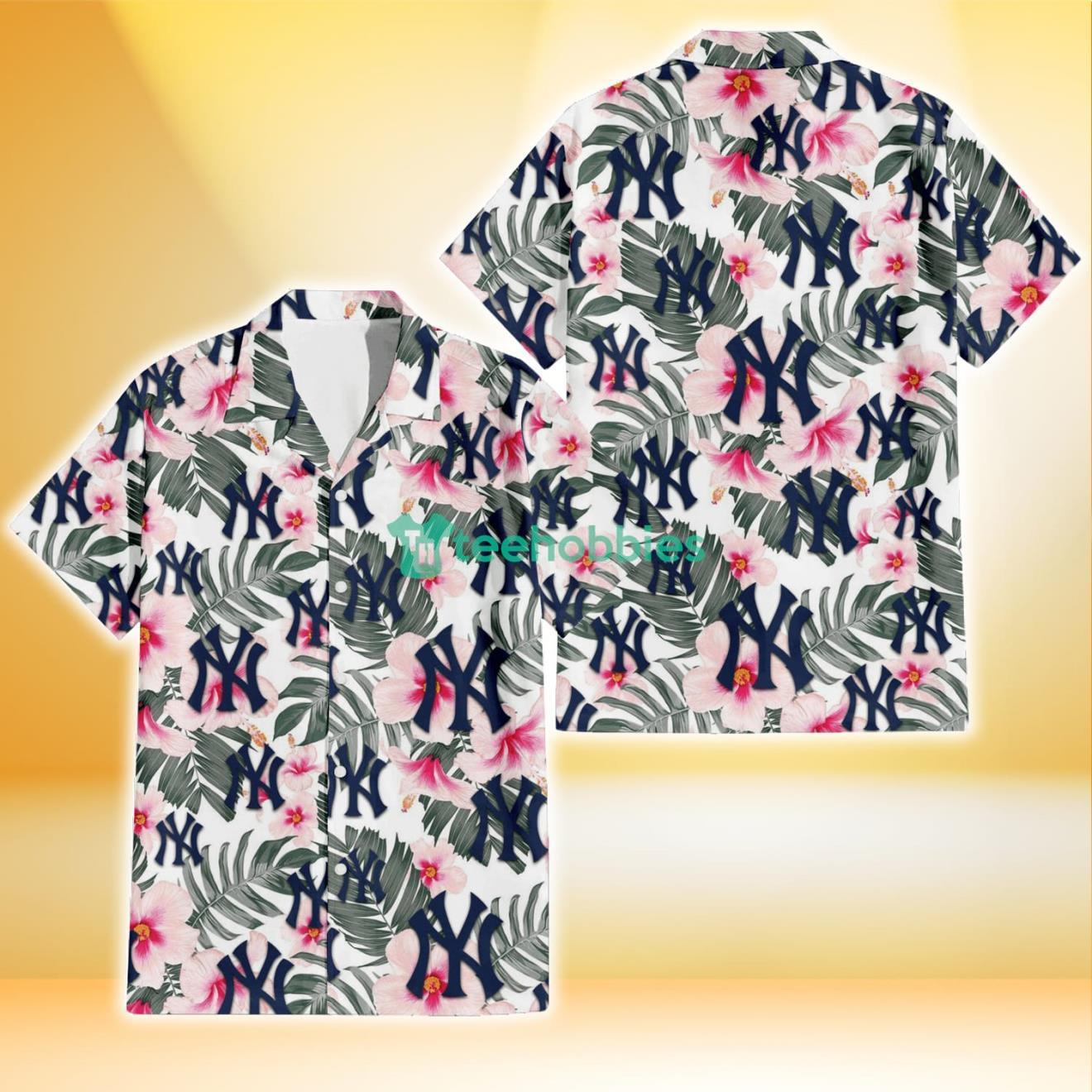 New York Yankees White Hibiscus Green Leaf White Background 3D Hawaiian Shirt Gift For Fans Product Photo 1