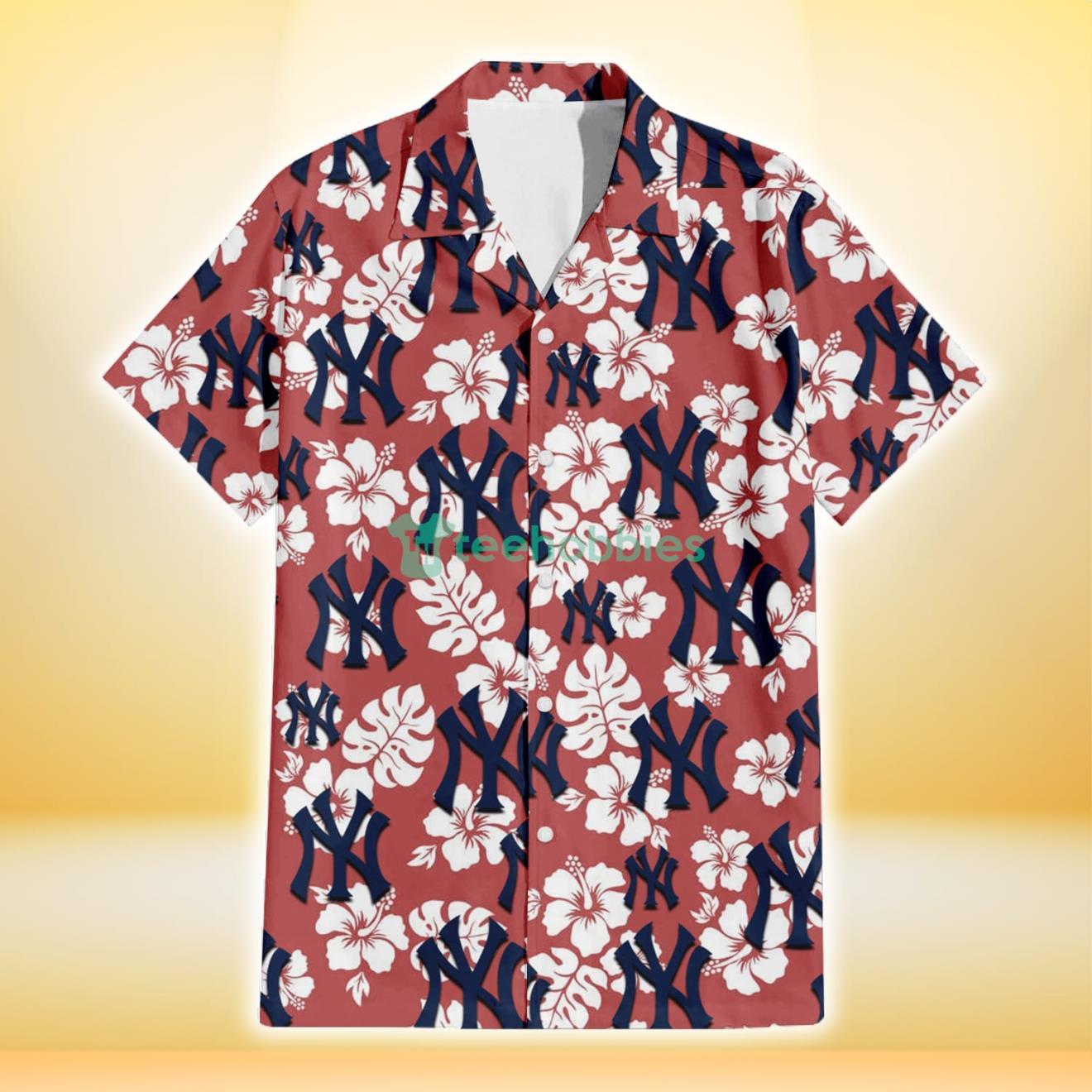 New York Yankees White Hibiscus Indian Red Background 3D Hawaiian Shirt Gift For Fans Product Photo 2