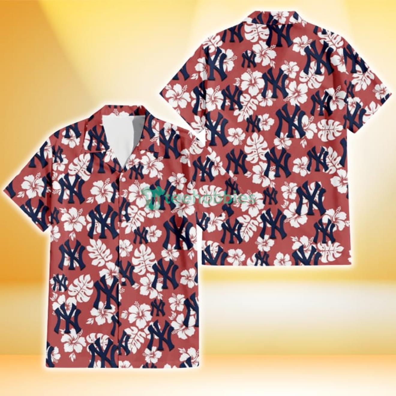 New York Yankees White Hibiscus Indian Red Background 3D Hawaiian Shirt Gift For Fans Product Photo 1
