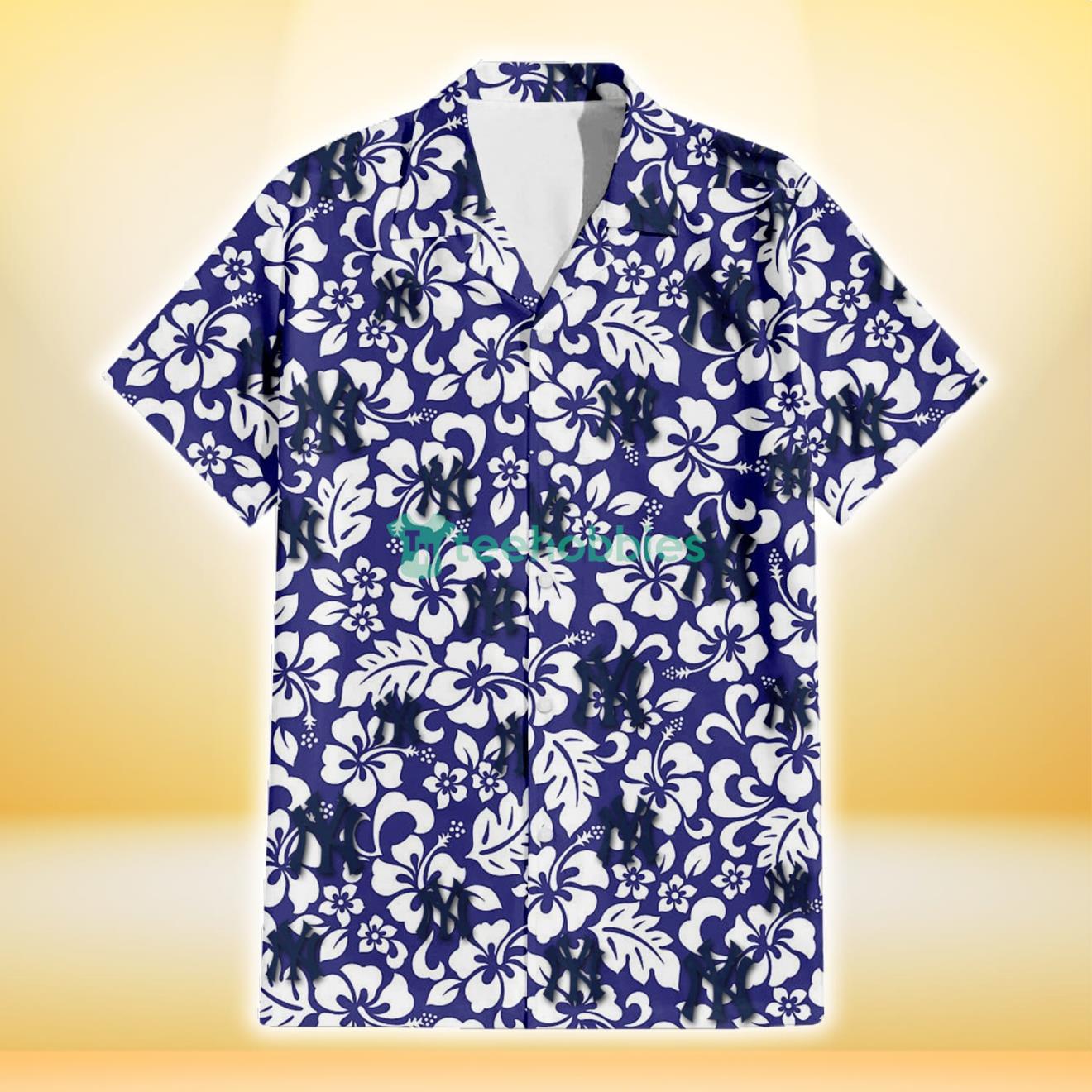 New York Yankees White Hibiscus Pattern Slate Blue Background 3D Hawaiian Shirt Gift For Fans Product Photo 2