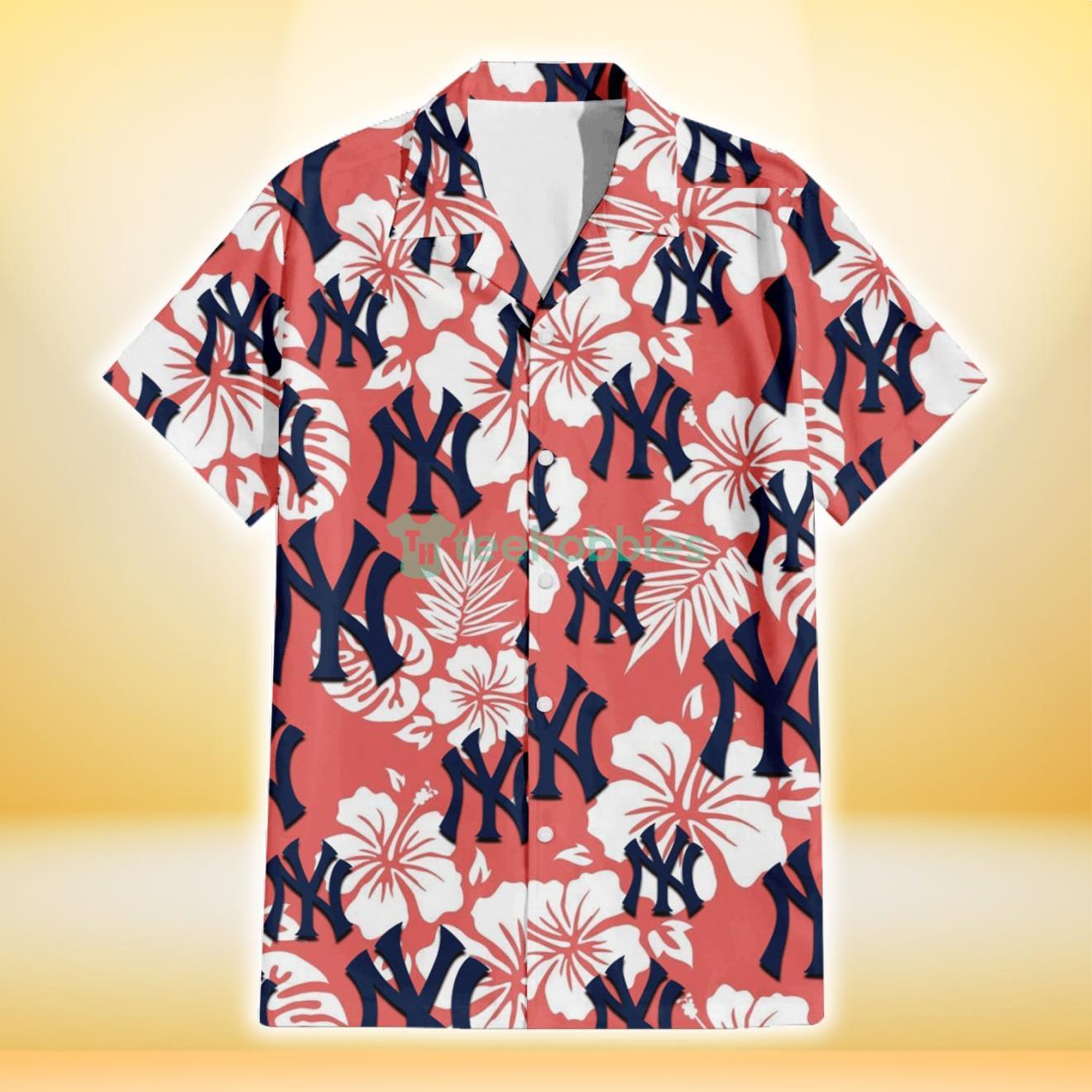 New York Yankees White Hibiscus Salmon Background 3D Hawaiian Shirt Gift For Fans Product Photo 2