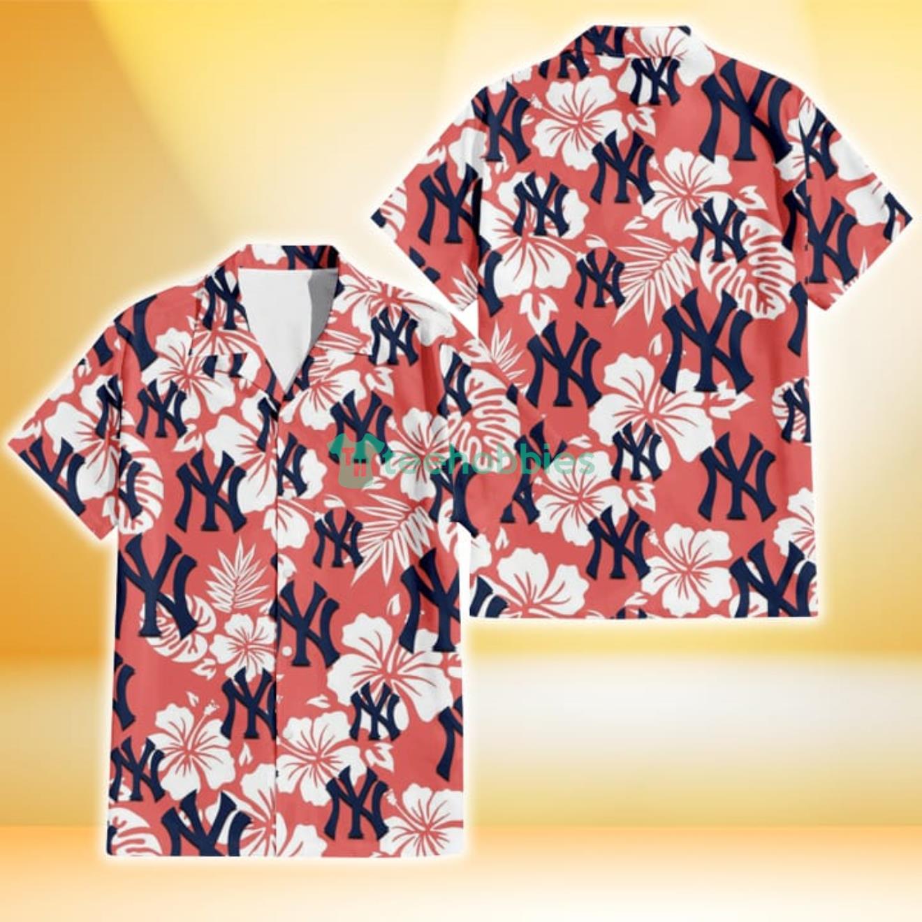 New York Yankees White Hibiscus Salmon Background 3D Hawaiian Shirt Gift For Fans Product Photo 1