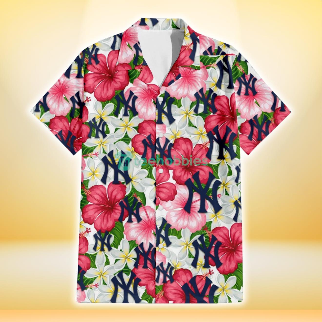 New York Yankees White Porcelain Flower Pink Hibiscus White Background 3D Hawaiian Shirt Gift For Fans Product Photo 2