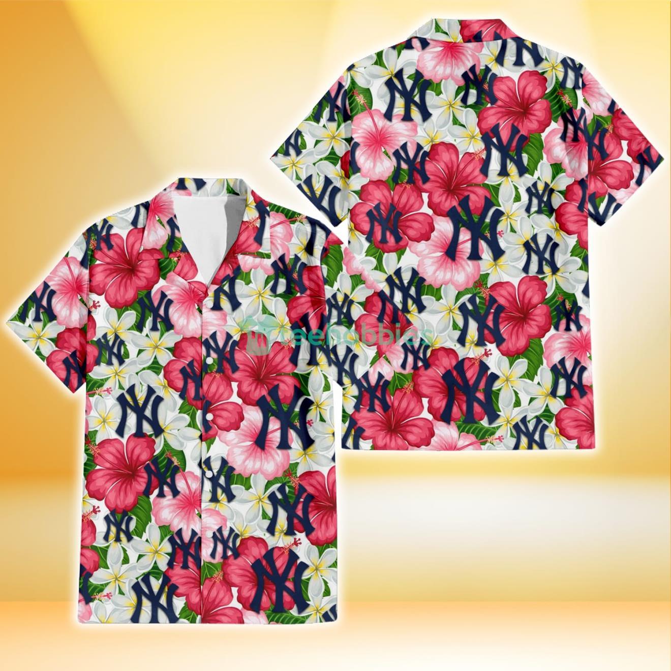 New York Yankees White Porcelain Flower Pink Hibiscus White Background 3D Hawaiian Shirt Gift For Fans Product Photo 1