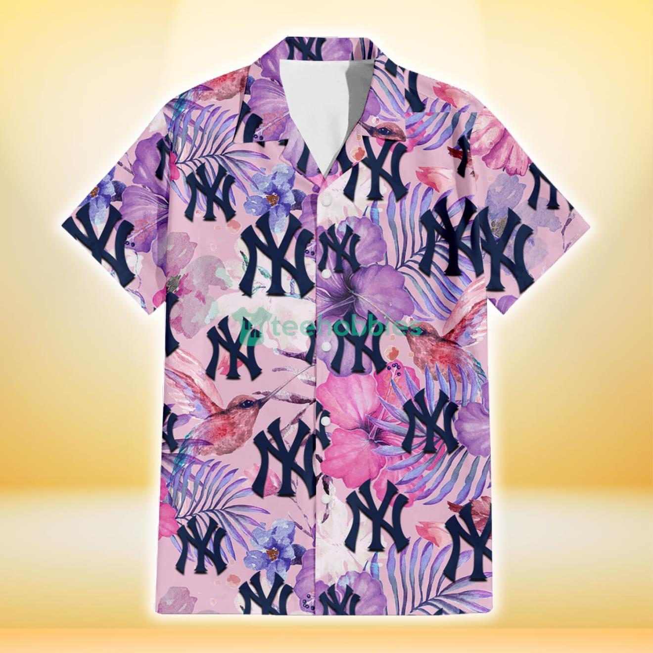 New York Yankees White Purple Hibiscus Pink Hummingbird Pink Background 3D Hawaiian Shirt Gift For Fans Product Photo 2
