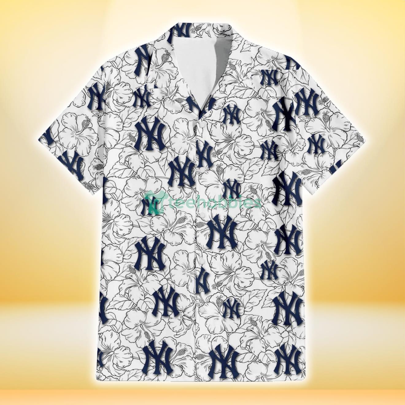 New York Yankees White Sketch Hibiscus Pattern White Background 3D Hawaiian Shirt Gift For Fans Product Photo 2