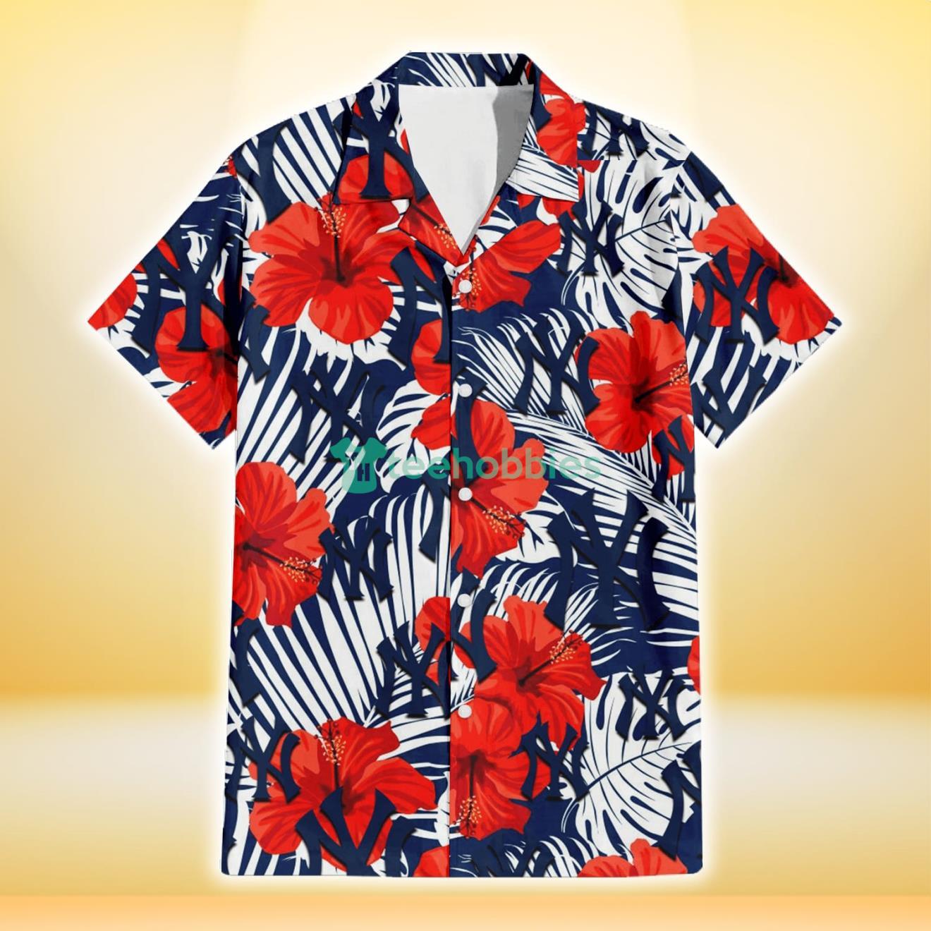 New York Yankees White Tropical Leaf Red Hibiscus Navy Background 3D Hawaiian Shirt Gift For Fans Product Photo 2