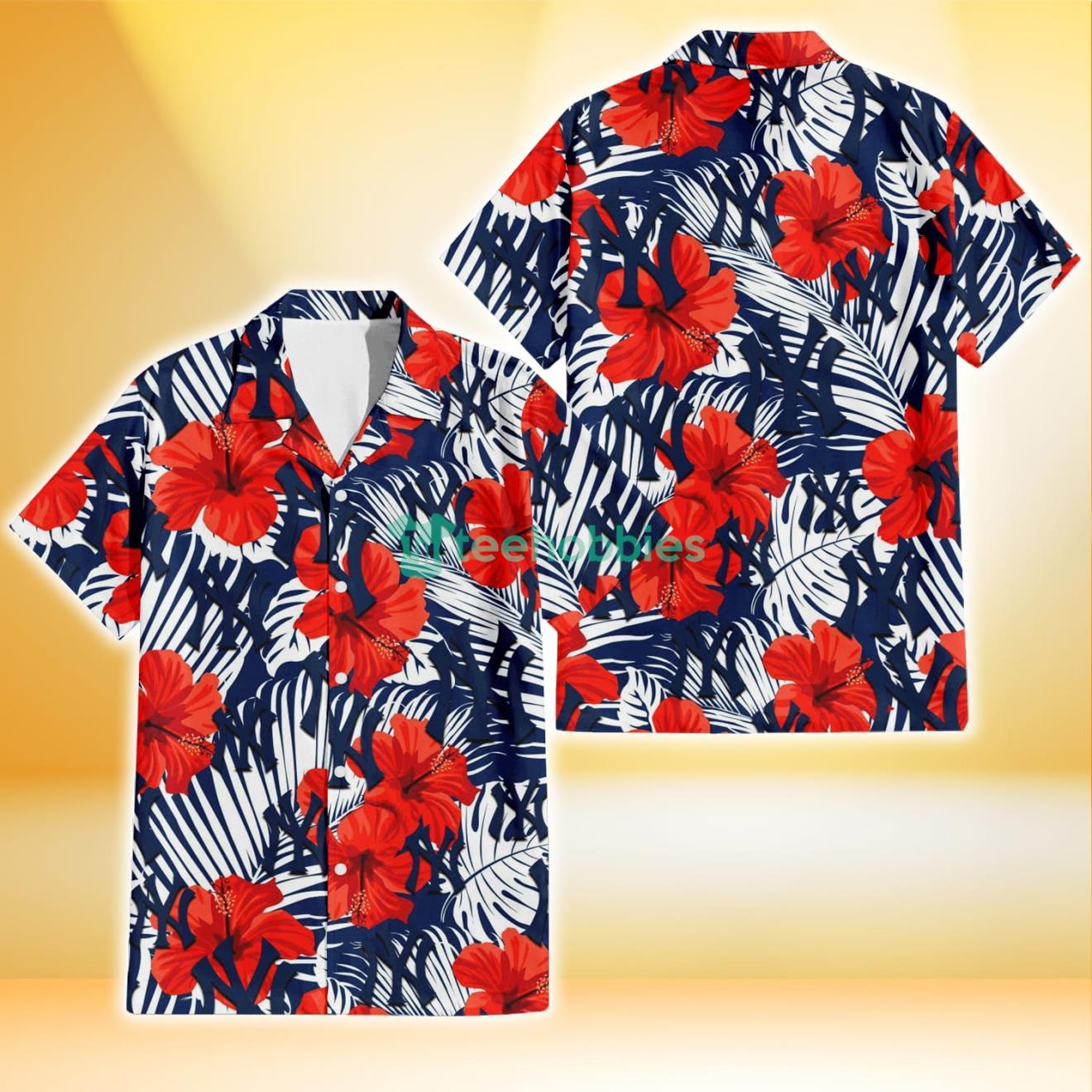 New York Yankees White Tropical Leaf Red Hibiscus Navy Background 3D Hawaiian Shirt Gift For Fans Product Photo 1