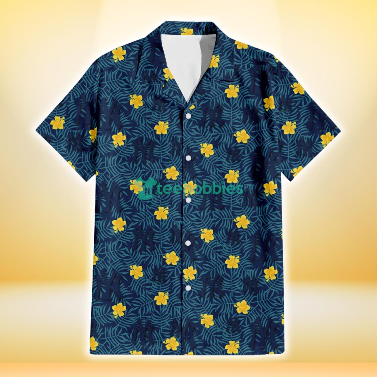 New York Yankees Yellow Hibiscus Cadet Blue Leaf Navy Background 3D Hawaiian Shirt Gift For Fans Product Photo 2