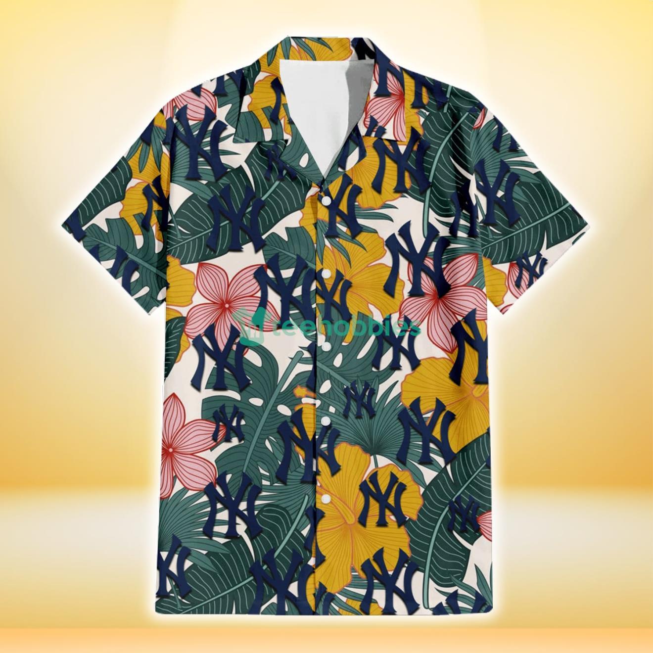 New York Yankees Yellow Hibiscus Green Banana Leaf Pink Porcelain Flower 3D Hawaiian Shirt Gift For Fans Product Photo 2