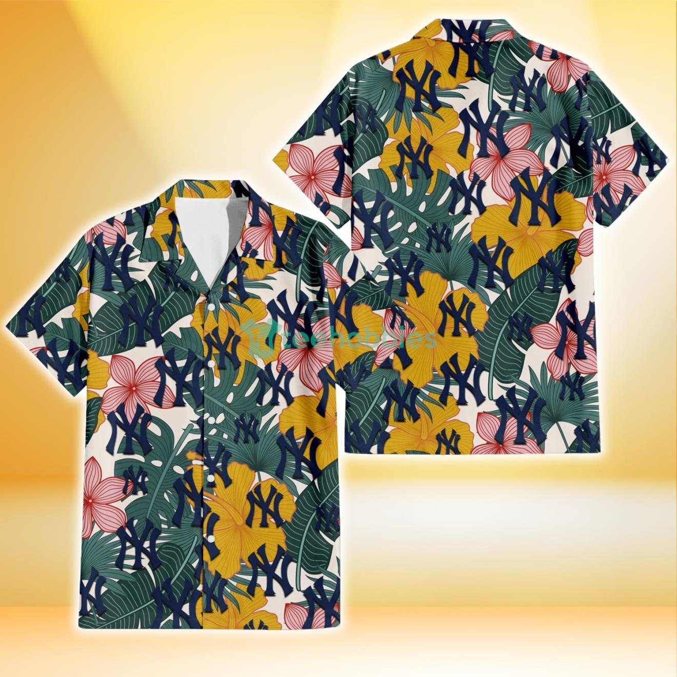 New York Yankees Yellow Hibiscus Green Banana Leaf Pink Porcelain Flower 3D Hawaiian Shirt Gift For Fans Product Photo 1
