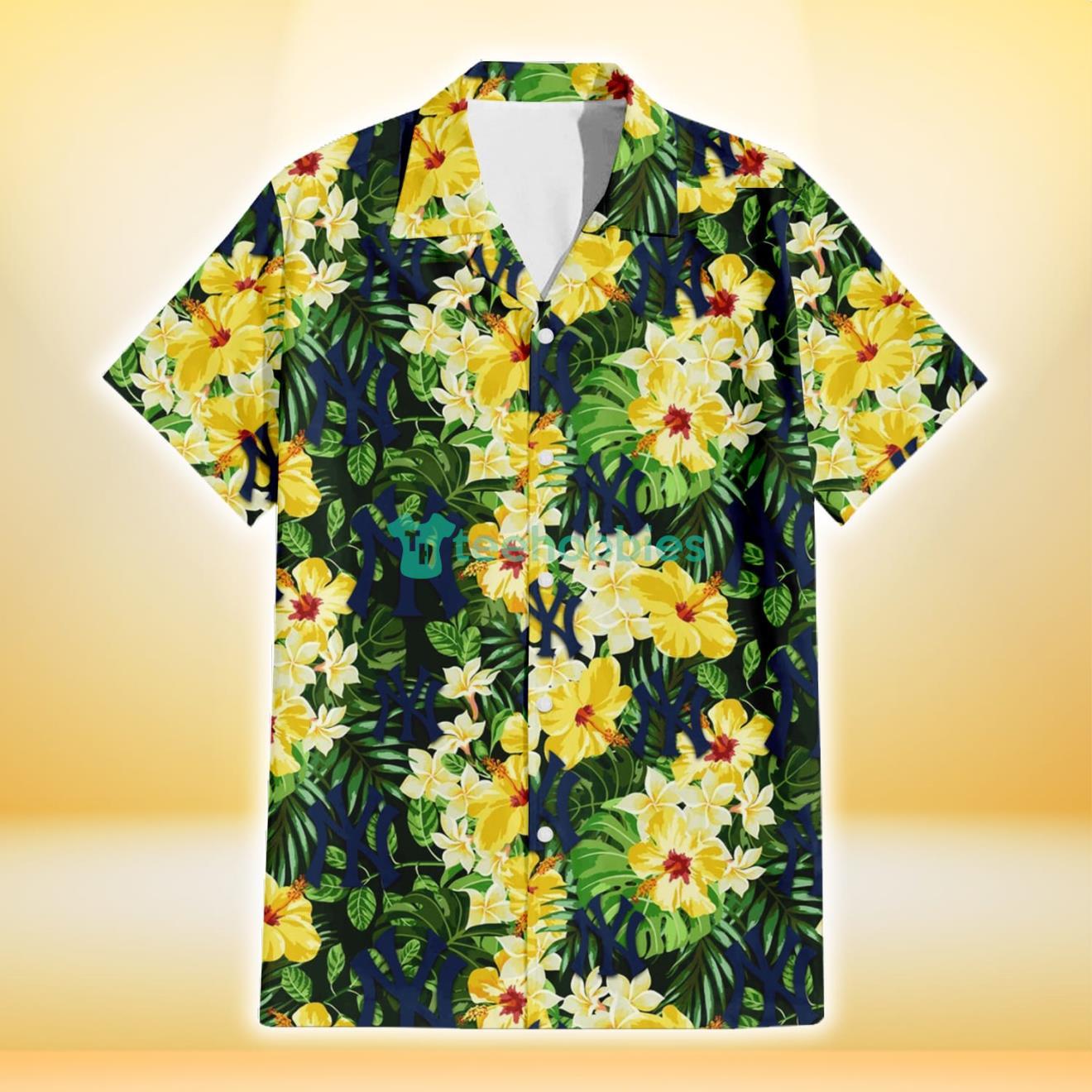 New York Yankees Yellow Hibiscus Tropical Green Leaf Black Background 3D Hawaiian Shirt Gift For Fans Product Photo 2
