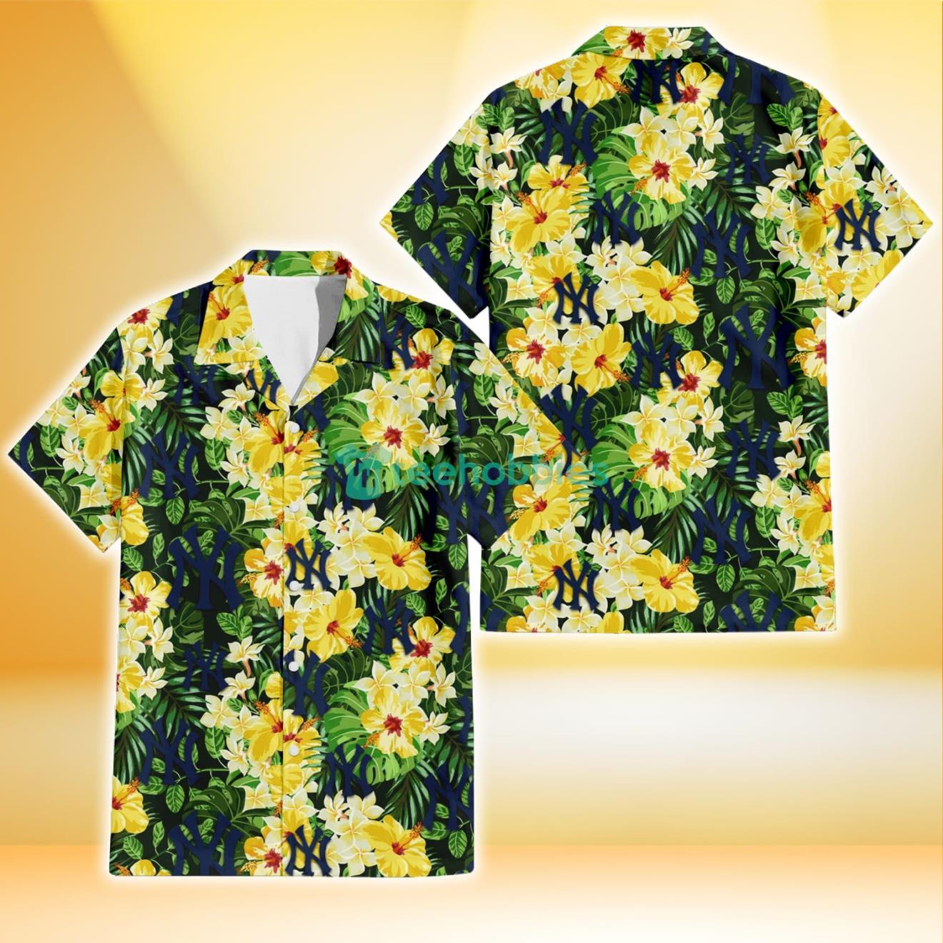 New York Yankees Yellow Hibiscus Tropical Green Leaf Black Background 3D Hawaiian Shirt Gift For Fans Product Photo 1