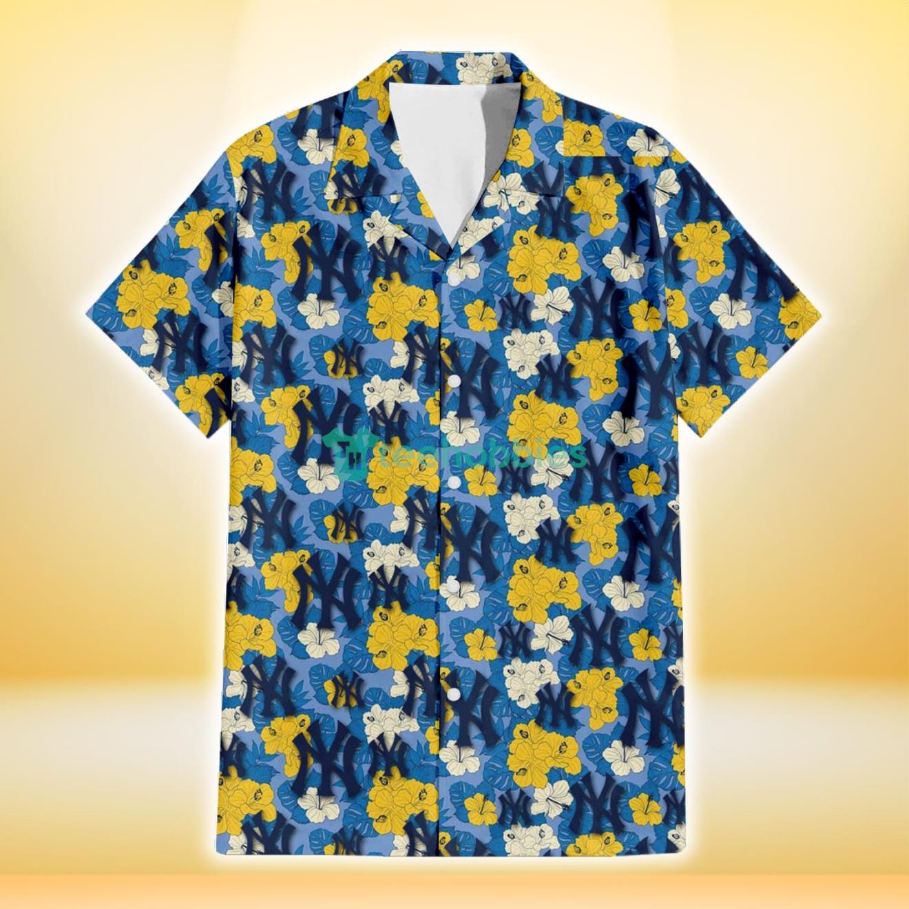New York Yankees Yellow White Hibiscus Powder Blue Background 3D Hawaiian Shirt Gift For Fans Product Photo 2