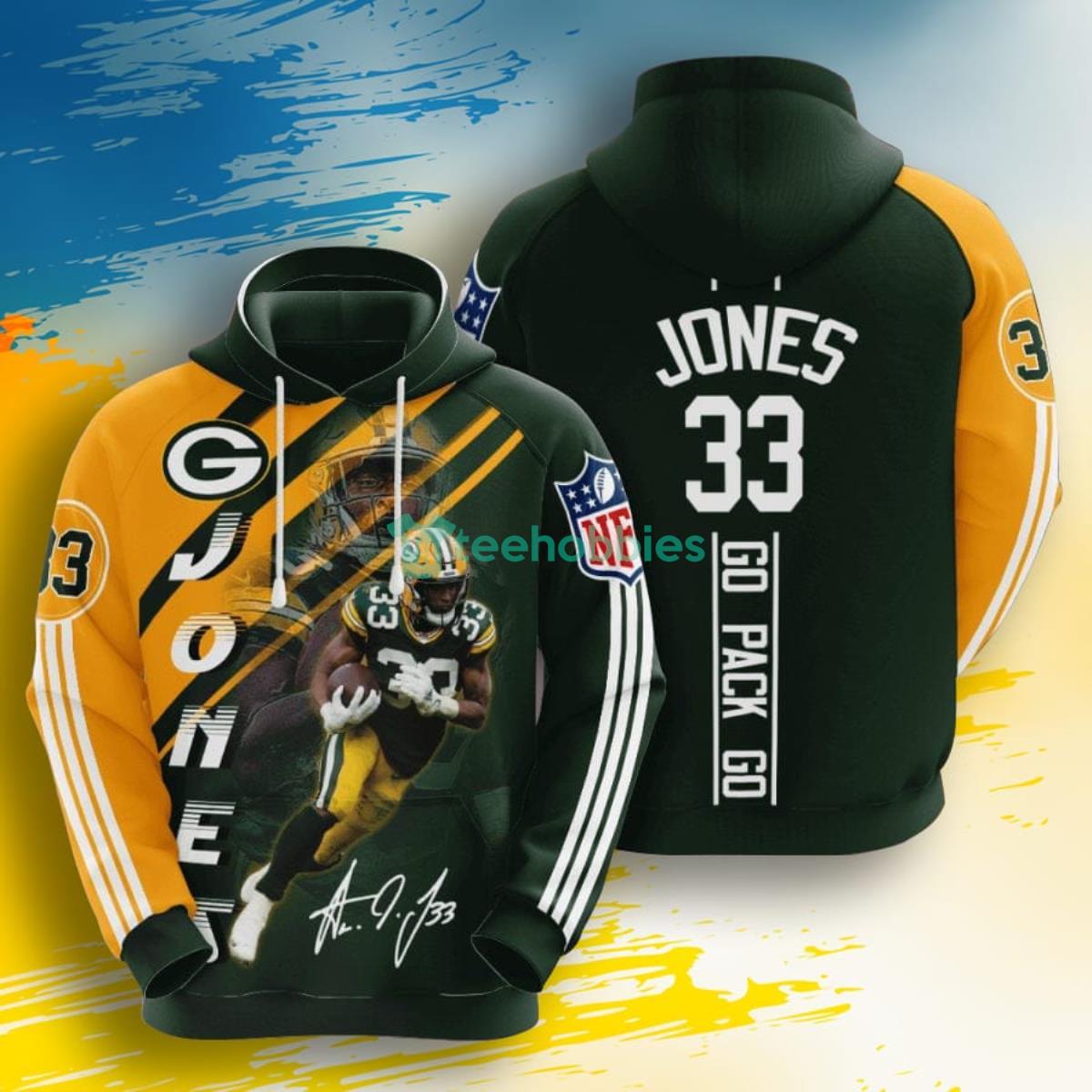 NFL Green Bay Packers Aaron Jones Dark Green Gold 3D Pullover Hoodie For Fans Product Photo 1