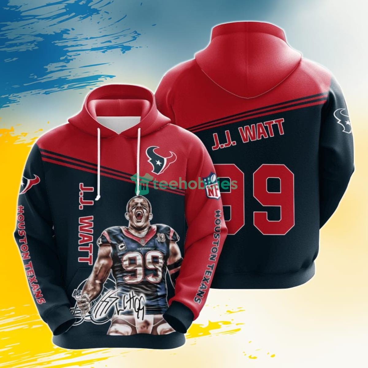 NFL Houston Texans J. J. Watt Deep Steel Blue Battle Red 3D Pullover Hoodie For Fans Product Photo 1