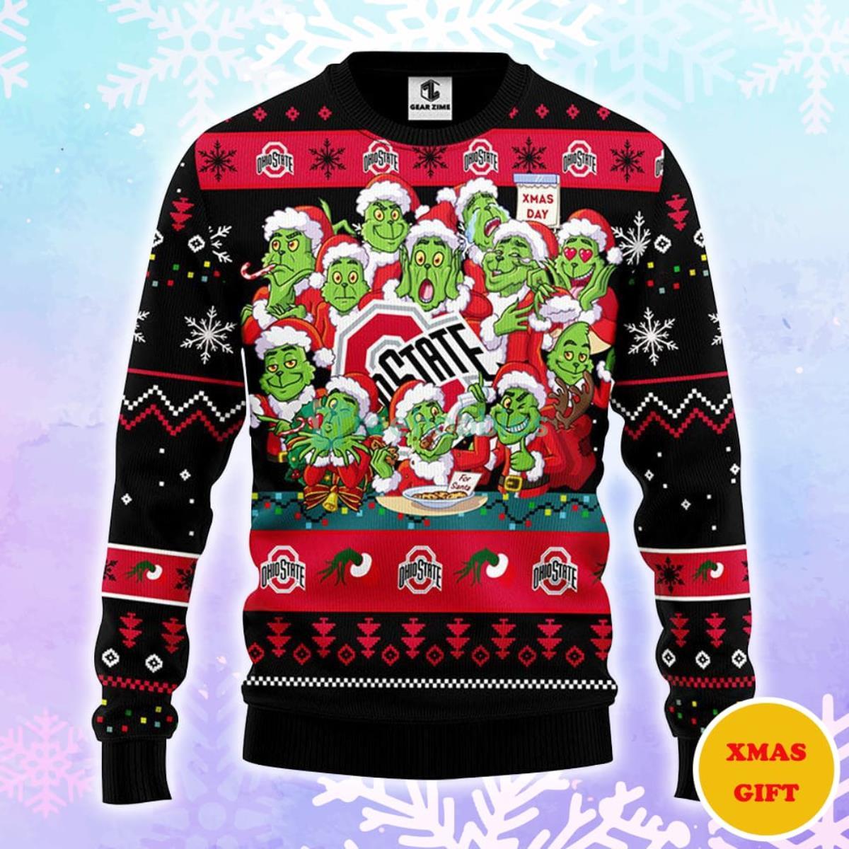 Ohio State Buckeyes 12 Grinch Xmas Day Christmas AOP Sweater Product Photo 1