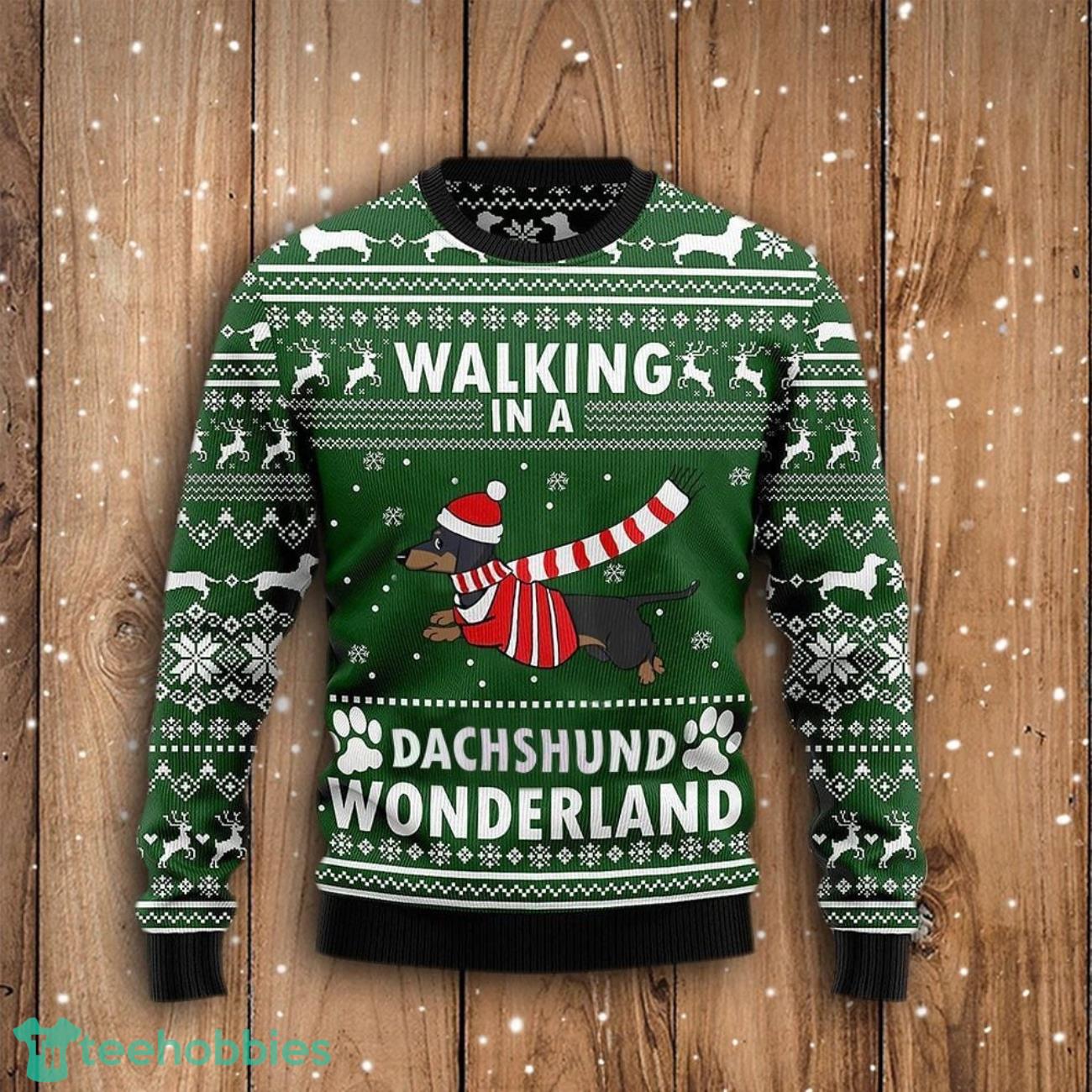 Walking In A Dachshund Wonderland Green Ugly Christmas Sweater Weiner Dog Gifts Product Photo 1