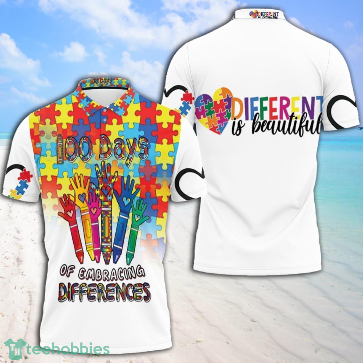 100 Days Of Embracing Differences Raise Hands Autism Support Polo Shirt Product Photo 1