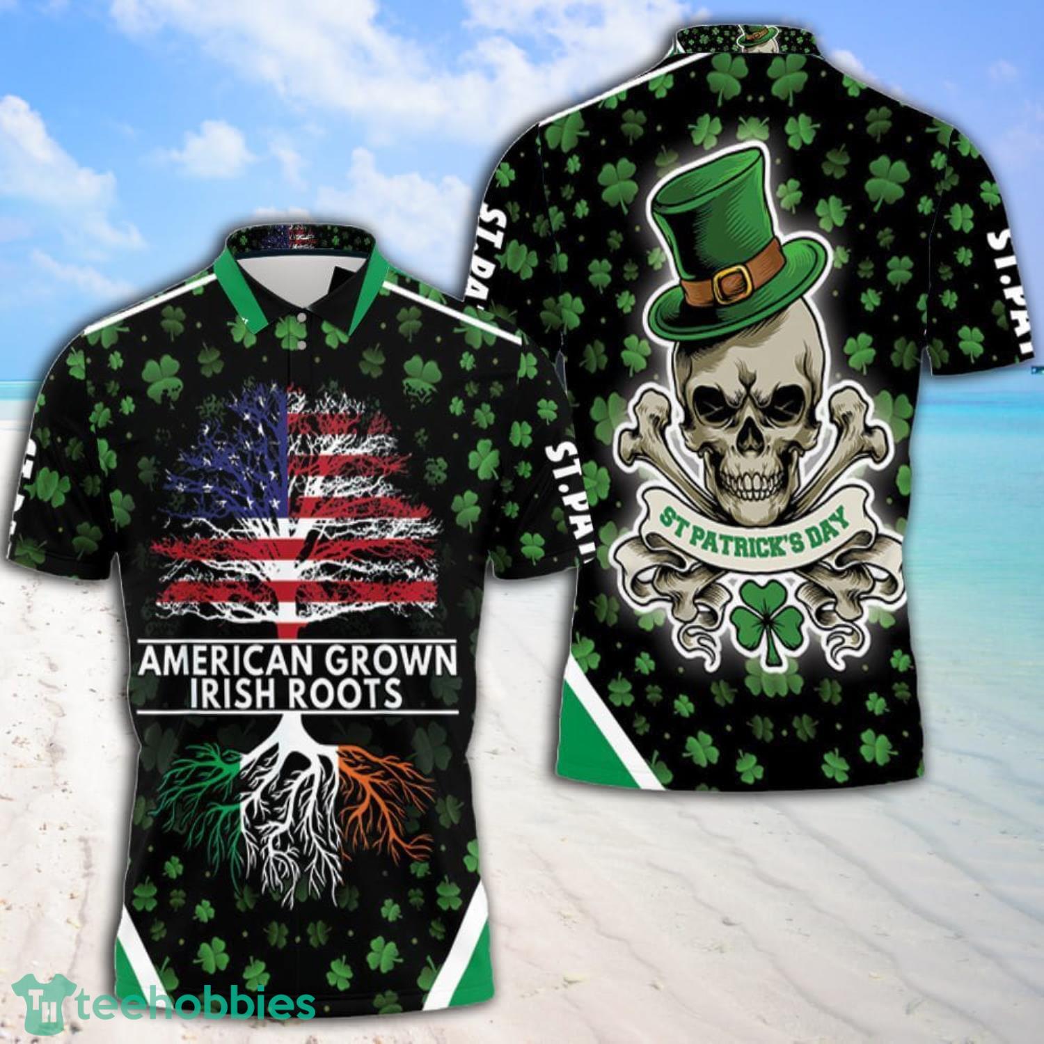 American Grown Irish Roots Saint Patrick Day Skull All Over Print 3D Polo Shirt Product Photo 1