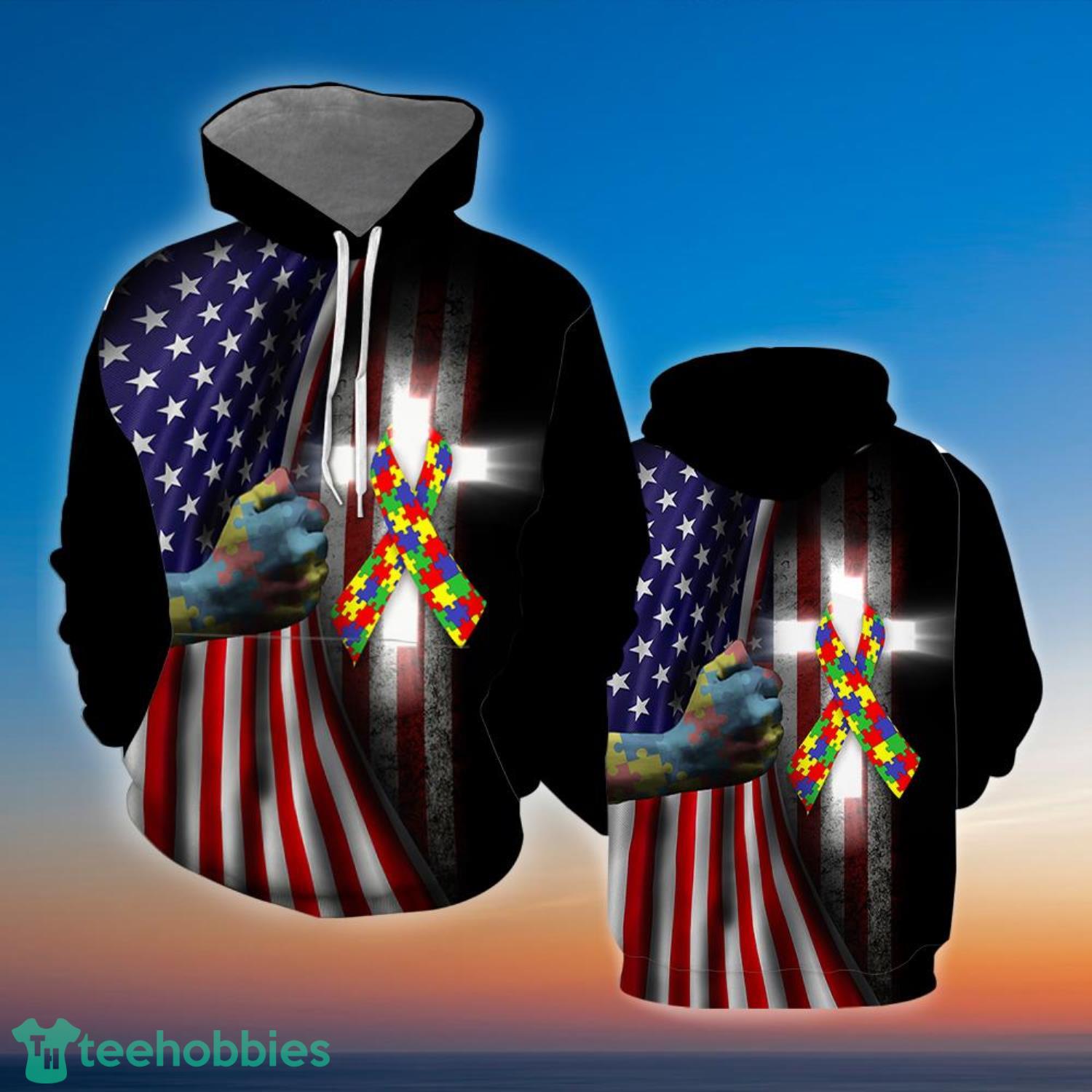 Autism Awareness Cross American Flag 3D Hoodie 3D Zip Hoodie Product Photo 2