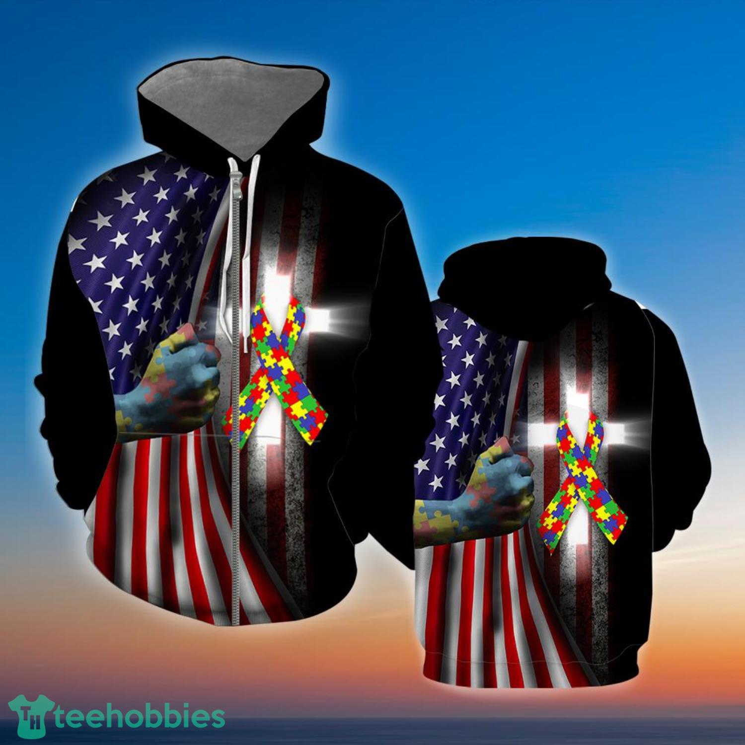 Autism Awareness Cross American Flag 3D Hoodie 3D Zip Hoodie Product Photo 1