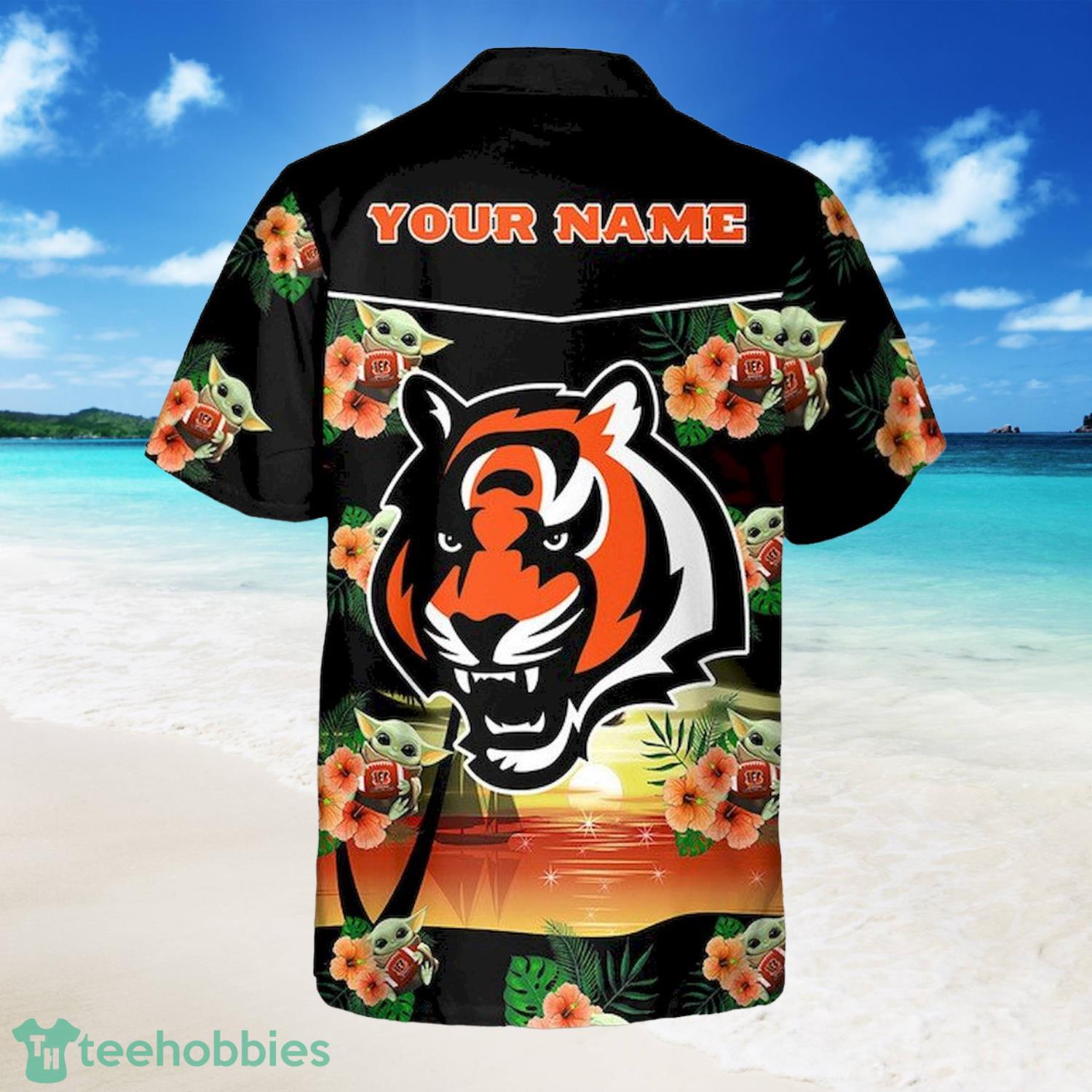 Custom Name Cincinnati Bengals Baby Yoda And Flowers Pattern Hawaiian Shirt