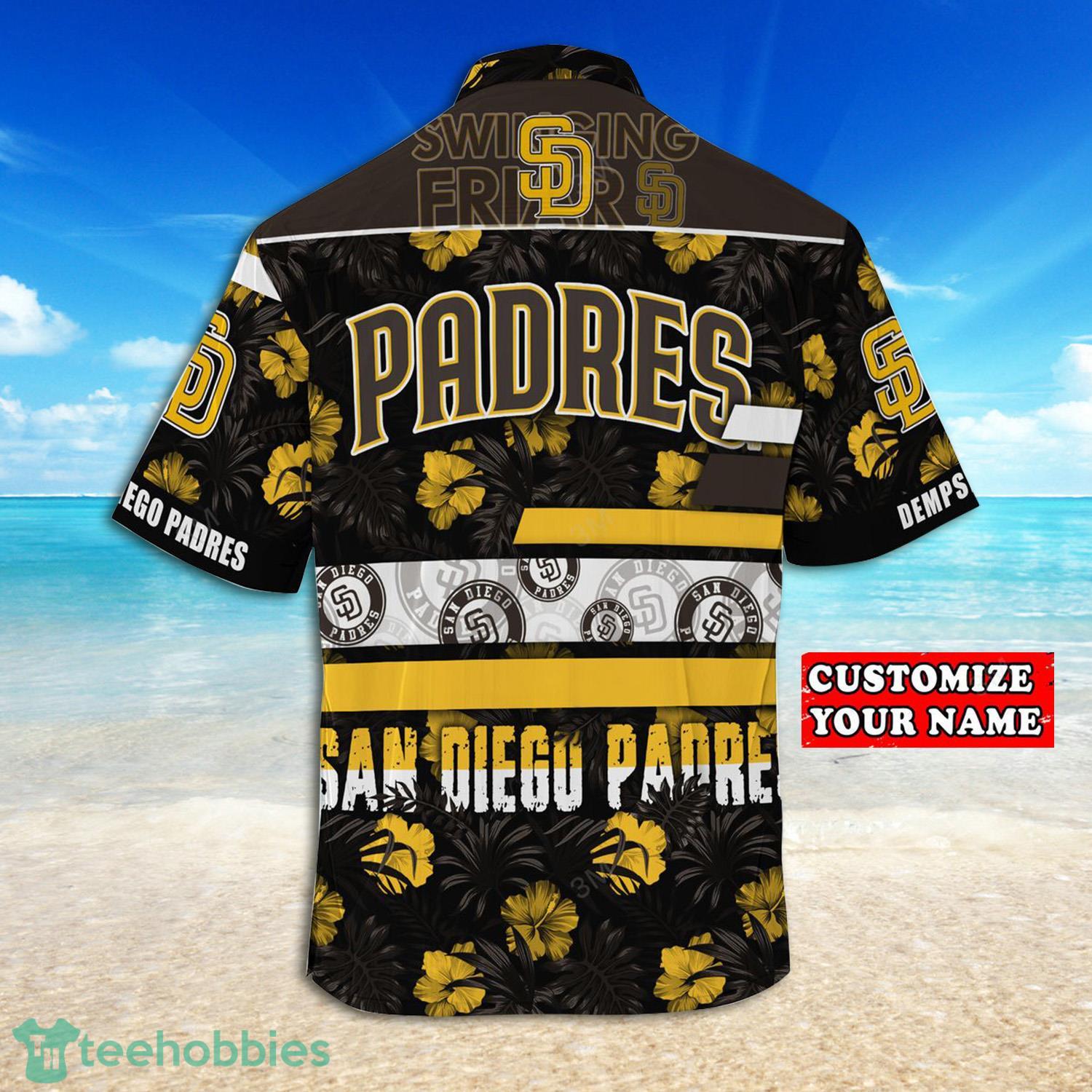 Custom Name San Diego Padres Tropical Flowers And Leaves Hawaiian Shirt Product Photo 2