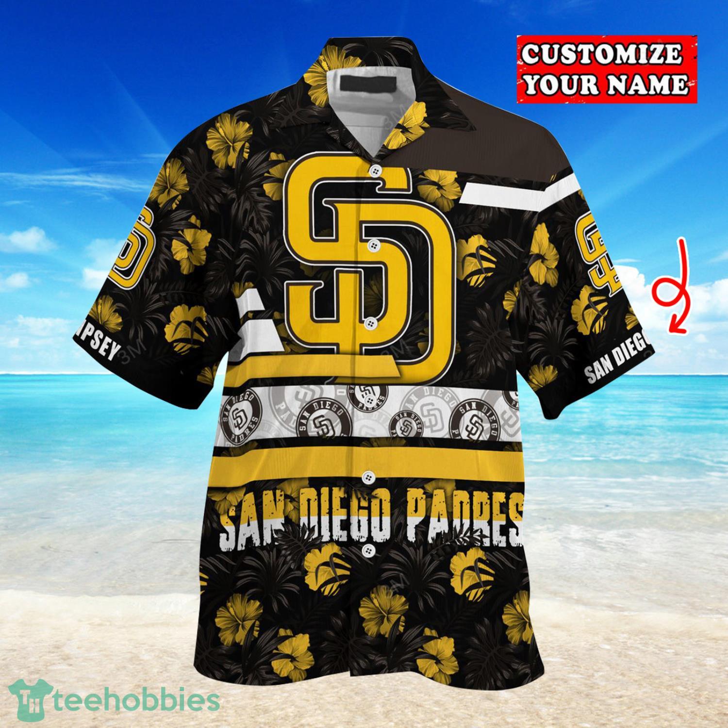 Custom Name San Diego Padres Tropical Flowers And Leaves Hawaiian Shirt Product Photo 3