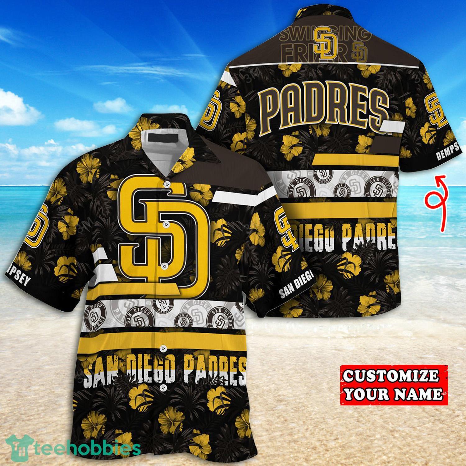 Custom Name San Diego Padres Tropical Flowers And Leaves Hawaiian Shirt Product Photo 1