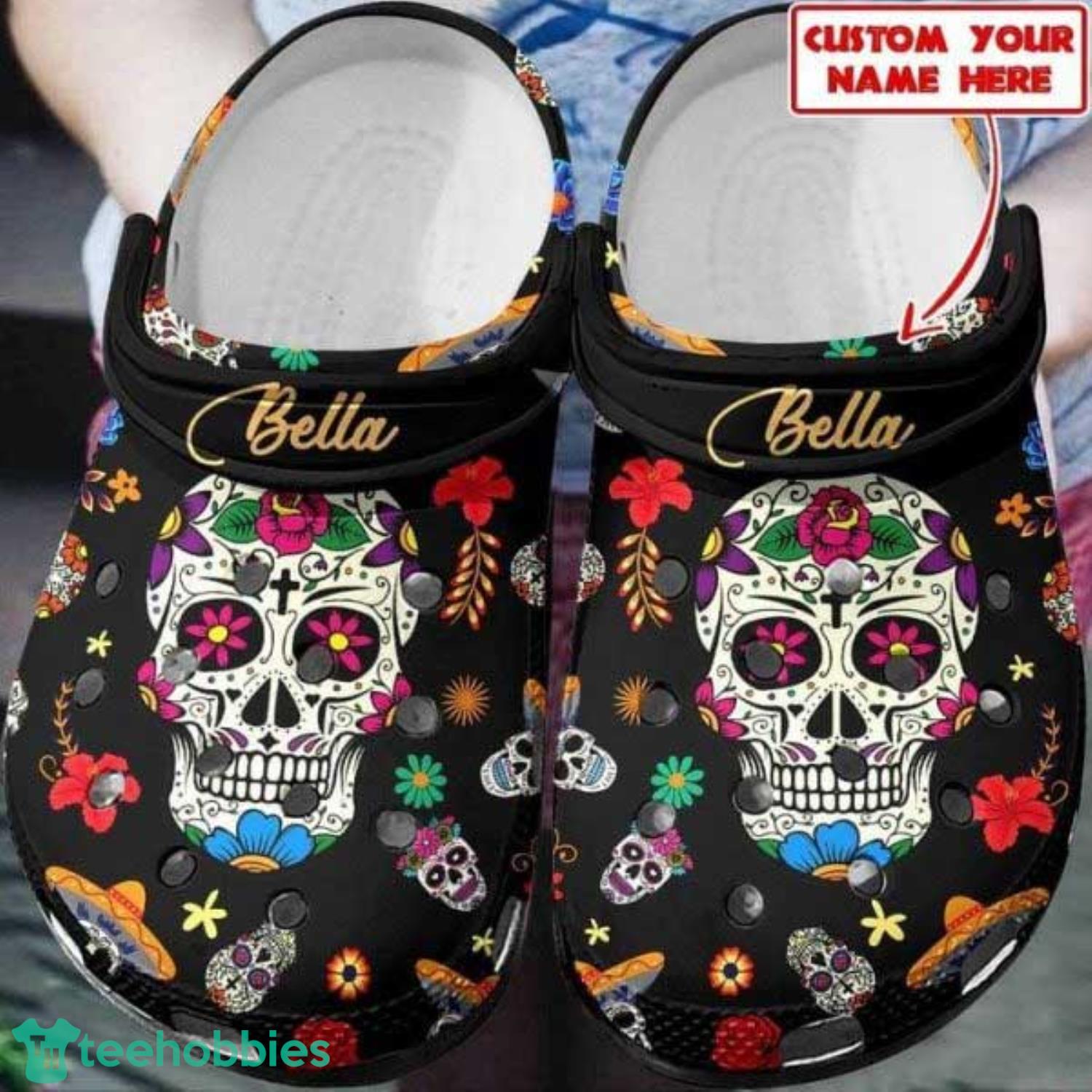 Custom Name Sugar Skull Pattern Halloween Clog Shoes Product Photo 1