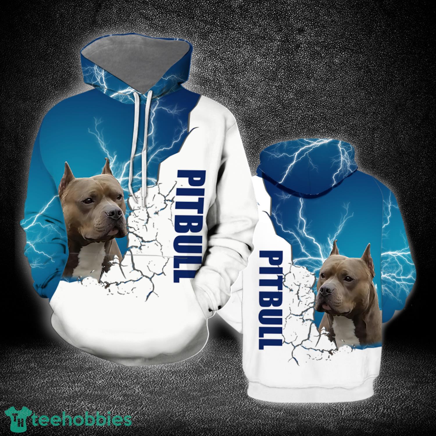 Pitbull in a shop hoodie