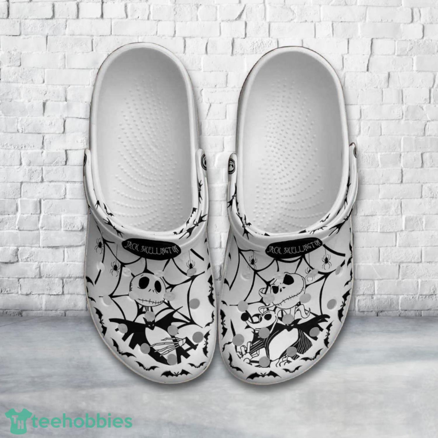 Happy Halloween Jack Skellington Spiderweb Black White Disney Clog Shoes Product Photo 1
