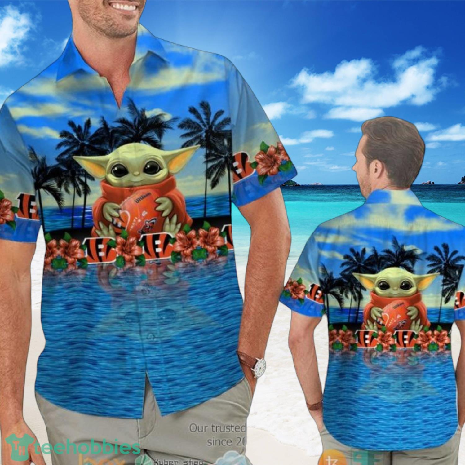 NFL Cincinnati Bengals Baby Yoda And Blue Beach Short Sleeve Hawaiian Shirt Product Photo 1