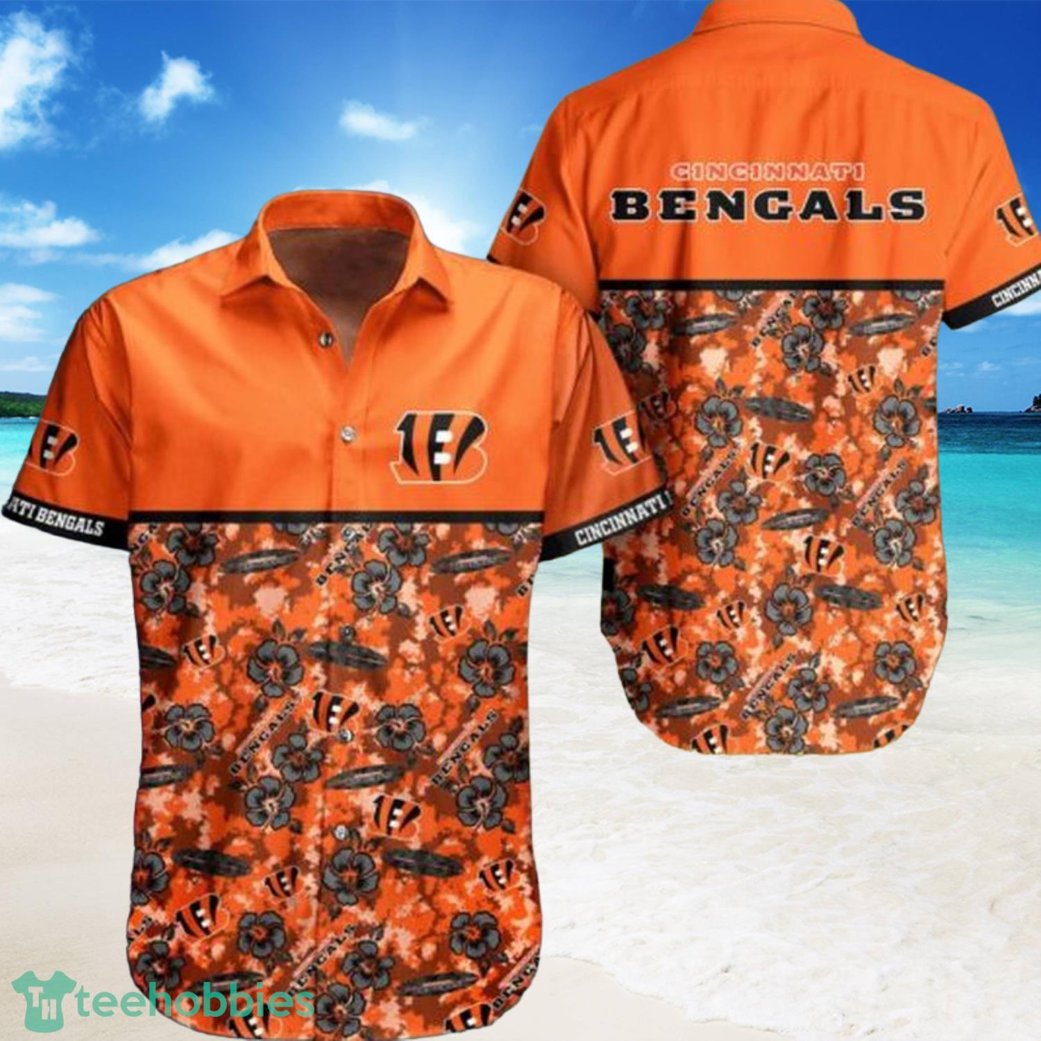 NFL Cincinnati Bengals Flowers Pattern Orange Full Print Hawaiian Shirt-PhotoRoom Product Photo 1